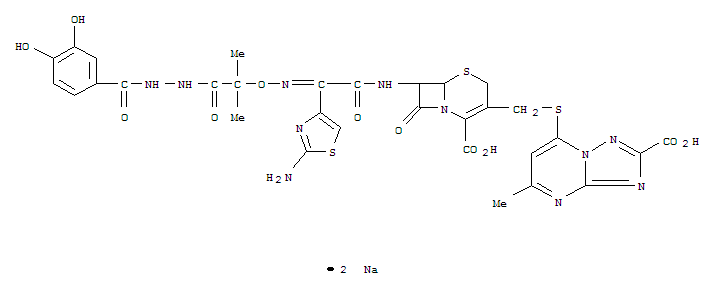7-(((-7-(2-(2-Amino-4-thiazolyl)-2-((1-(3-(3,4-dihydroxybenzoyl)carbaz oyl)-1-methylethoxy)imino)acetamido)-2-carboxy-8-oxo-5-thia-1-azabicyc lo(4.2.0)oct-2-en-3-yl)methyl)thio-5-methyl)-(1,2,4)triazolo(1,5-1)pyr imidine-2-carboxylic acid