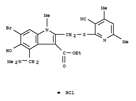 1H-Indole-3-carboxylic acid, 6-bromo-2-(((3-cyano-4,6-dimethyl-2-pyridinyl)thio)methyl)-4-((dimethylamino)methyl)-5-hydroxy-1-methyl-, ethyl ester, monohydrochloride