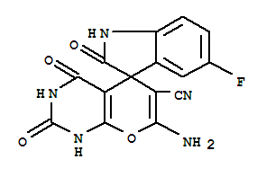 7'-amino-5-fluoro-2,2',4'-trioxo-1,1',2,2',3',4'-hexahydrospiro[indole-3,5'-pyrano[2,3-d]pyrimidine]-6'-carbonitrile molecular structure