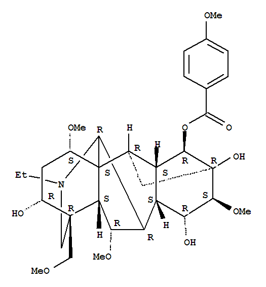 (1alpha,3alpha,6alpha,10alpha,13alpha,14alpha,15alpha,16beta,17xi)-20-ethyl-3,13,15-trihydroxy-1,6,16-trimethoxy-4-(methoxymethyl)aconitan-14-yl 4-methoxybenzoate molecular structure