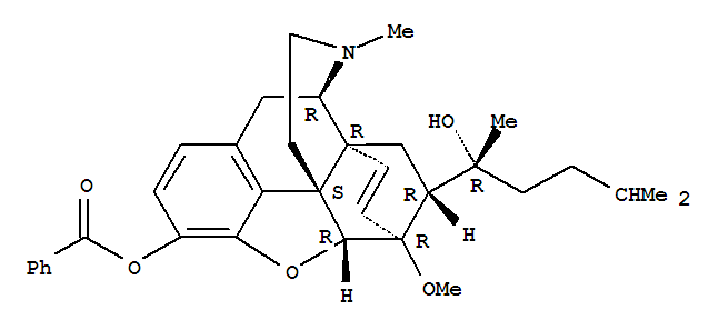 (5alpha,18R)-18-[(1R)-1-hydroxy-1,4-dimethylpentyl]-6-methoxy-17-methyl-7,8-didehydro-18,19-dihydro-4,5-epoxy-6,14-ethenomorphinan-3-yl benzoate molecular structure