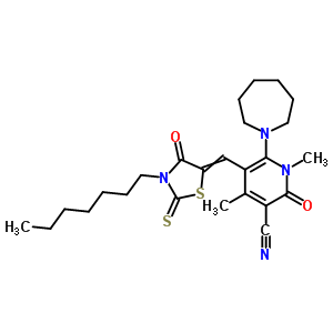 6-azepan-1-yl-5-[(3-heptyl-4-oxo-2-thioxo-1,3-thiazolidin-5-ylidene)methyl]-1,4-dimethyl-2-oxo-1,2-dihydropyridine-3-carbonitrile molecular structure